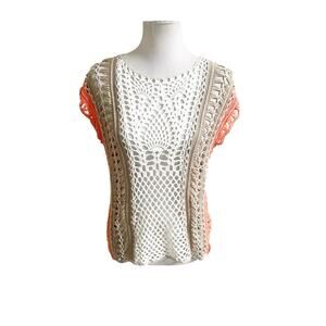 Chico’s Women Gloria Crochet Blouse Size 1/Medium Colorblock Open Knit Elevated